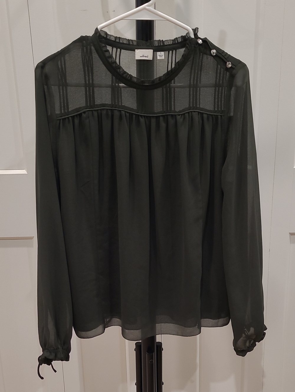 Wilfred Sheer Long-Sleeve Blouse in Olive Green with Button Shoulder